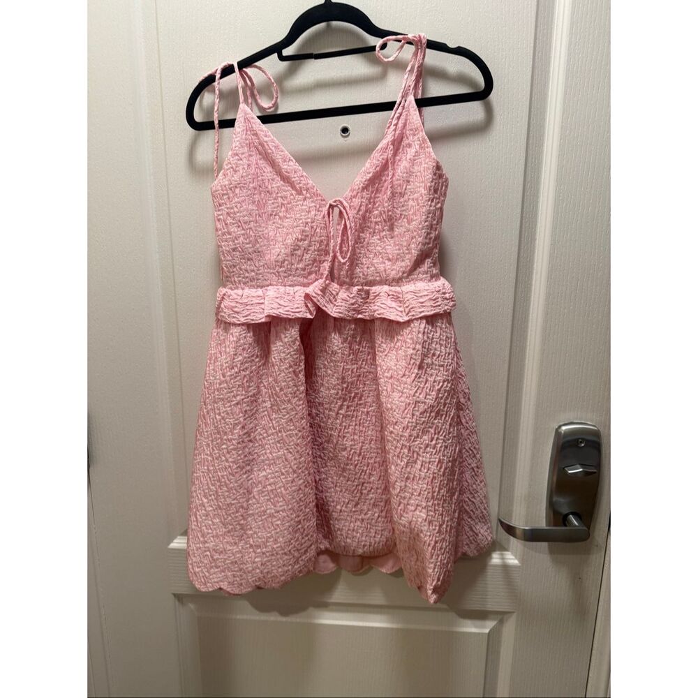 Frolic Pink Textured Tie-Strap Mini Dress Feminine Summer Style size 6  Preloved - Picture 3 of 6